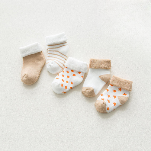 5 Pares de Meia Algodão Confortável Infantil Bege/Laranja